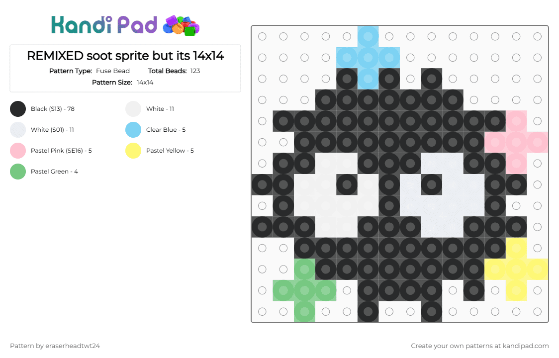 soot sprite but its 14x14 - Fuse Bead Pattern by eraserheadtwt24 on Kandi Pad - black,white,light blue,yellow,colorful,ghibli,soot sprite,totoro,spirited away,stars