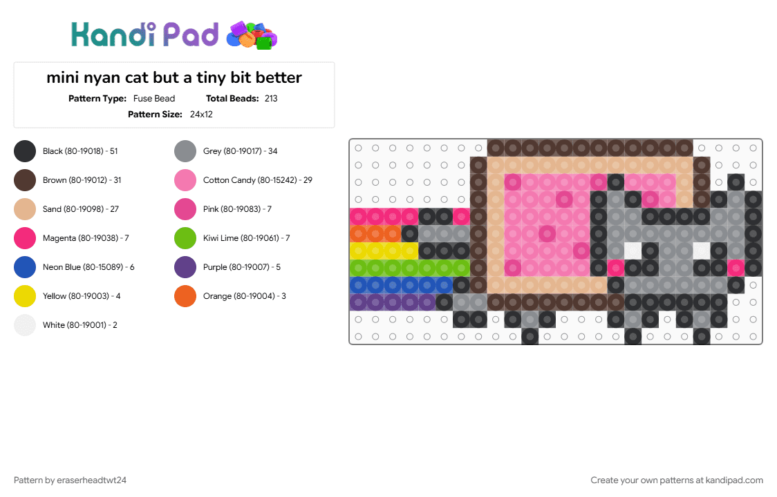 mini nyan cat but a tiny bit better - Fuse Bead Pattern by eraserheadtwt24 on Kandi Pad - beige, brown, cat, character, gray, meme, nyan, pink, pixel, pizookie, sugar, trend