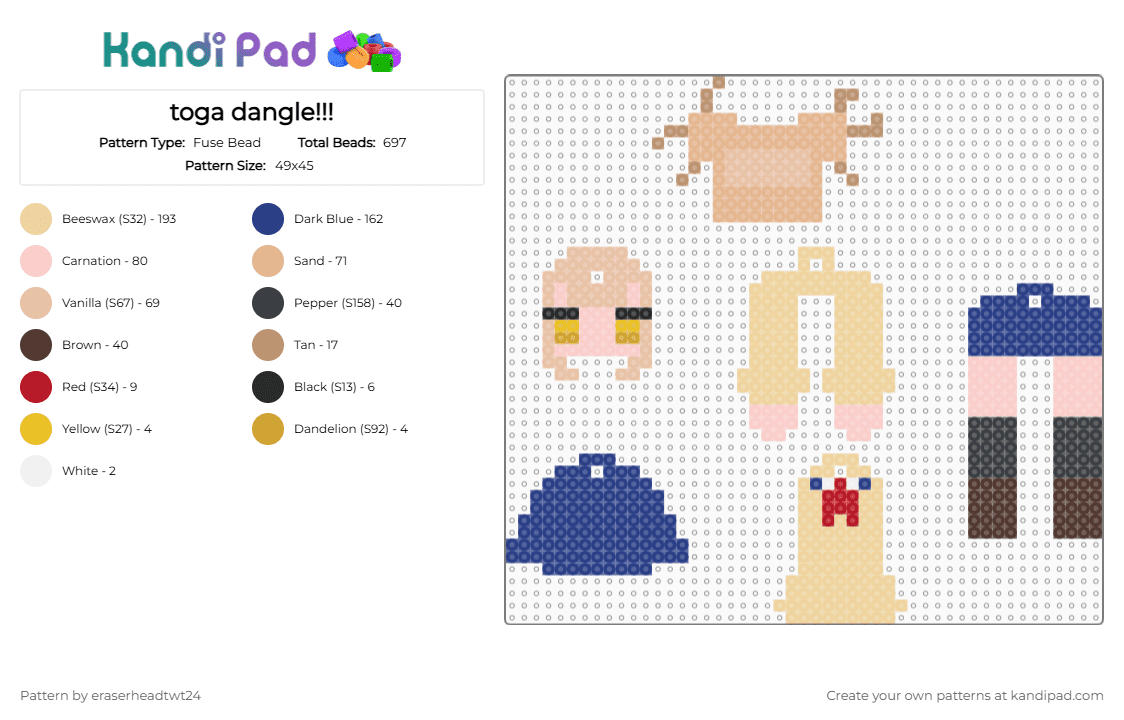 toga dangle!!! - Fuse Bead Pattern by eraserheadtwt24 on Kandi Pad - anime, beige, blue, bnha, himiko, mha, toga