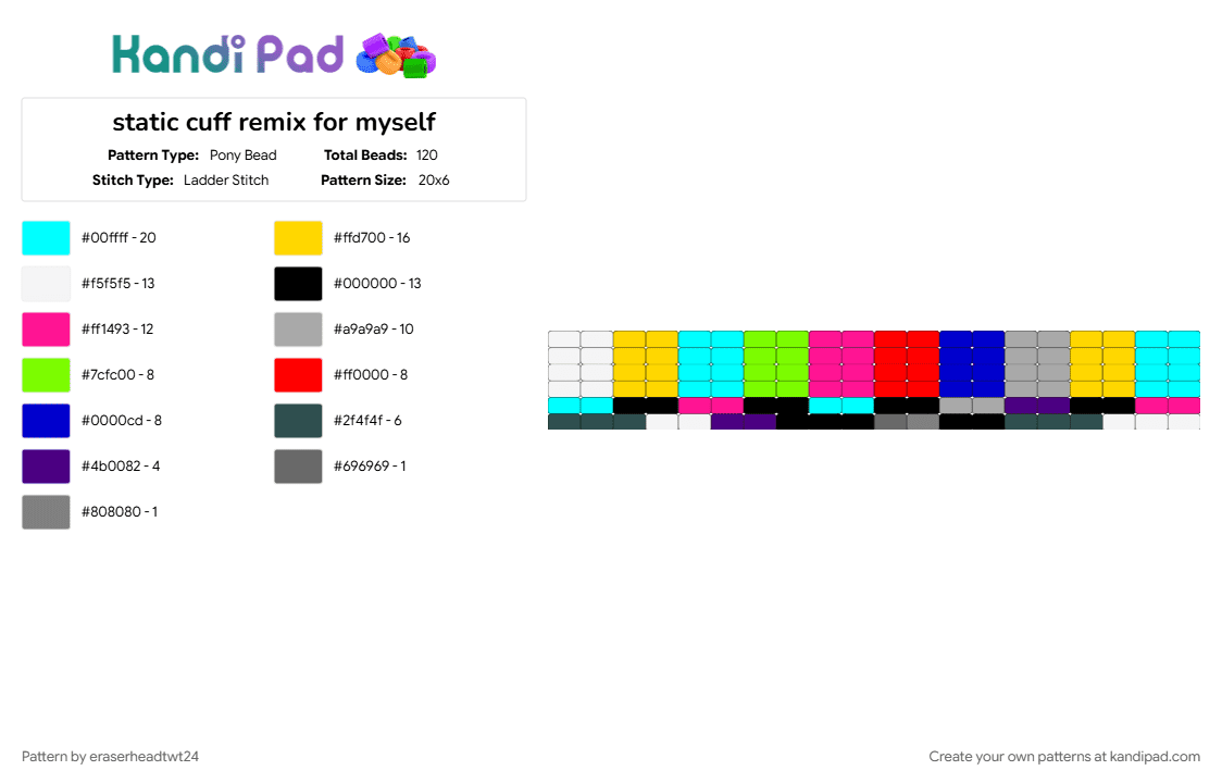 static cuff remix for myself - Pony Bead Pattern by eraserheadtwt24 on Kandi Pad - colorful, cuff, kandi cuff, ladder stitch, light blue, miku, pink, purple, static, tv, yellow