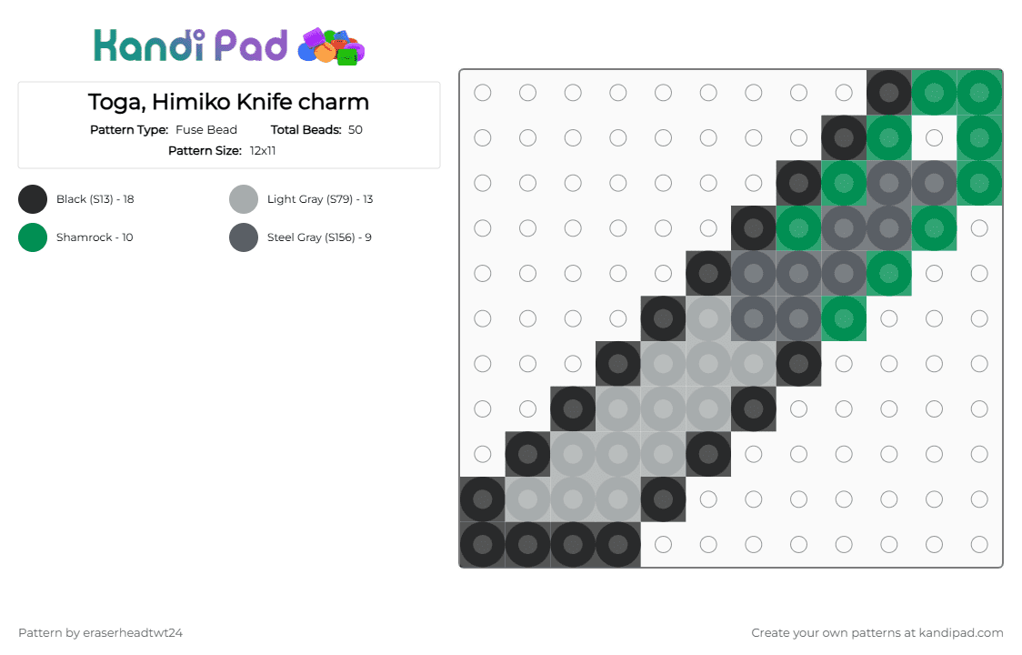 Toga, Himiko Knife charm - Fuse Bead Pattern by eraserheadtwt24 on Kandi Pad - gray, green, himiko, knife, league, lov, mha, toga, villian, weopon