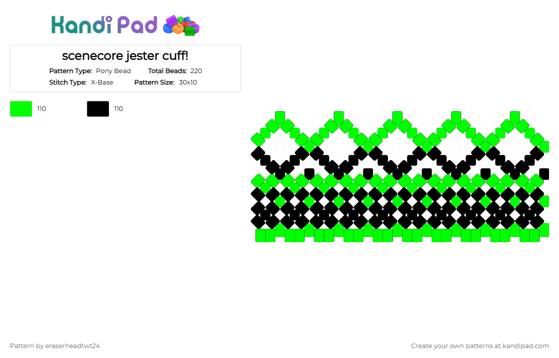 scenecore jester cuff! - Pony Bead Pattern by eraserheadtwt24 on Kandi Pad - black, clown, cosplay, cuff, green, jester, xbase