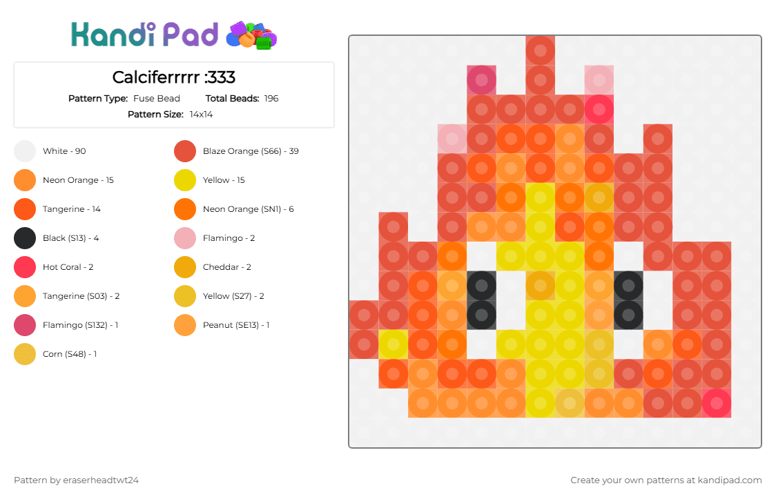Calcifer :333 - Fuse Bead Pattern by eraserheadtwt24 on Kandi Pad - anime, calcifer, fire, ghibli, howls moving castle, orange, red, white