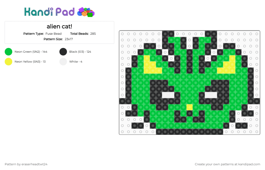 alien cat! - Fuse Bead Pattern by eraserheadtwt24 on Kandi Pad - cotdaliens, green