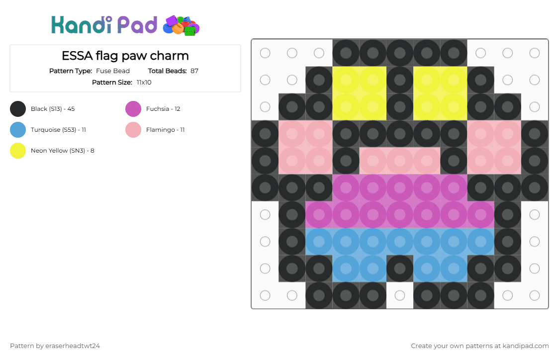 ESSA flag paw charm - Fuse Bead Pattern by eraserheadtwt24 on Kandi Pad - black,light blue,beige,pink,paw,essa,stuffed animal,print,flag,rainbow