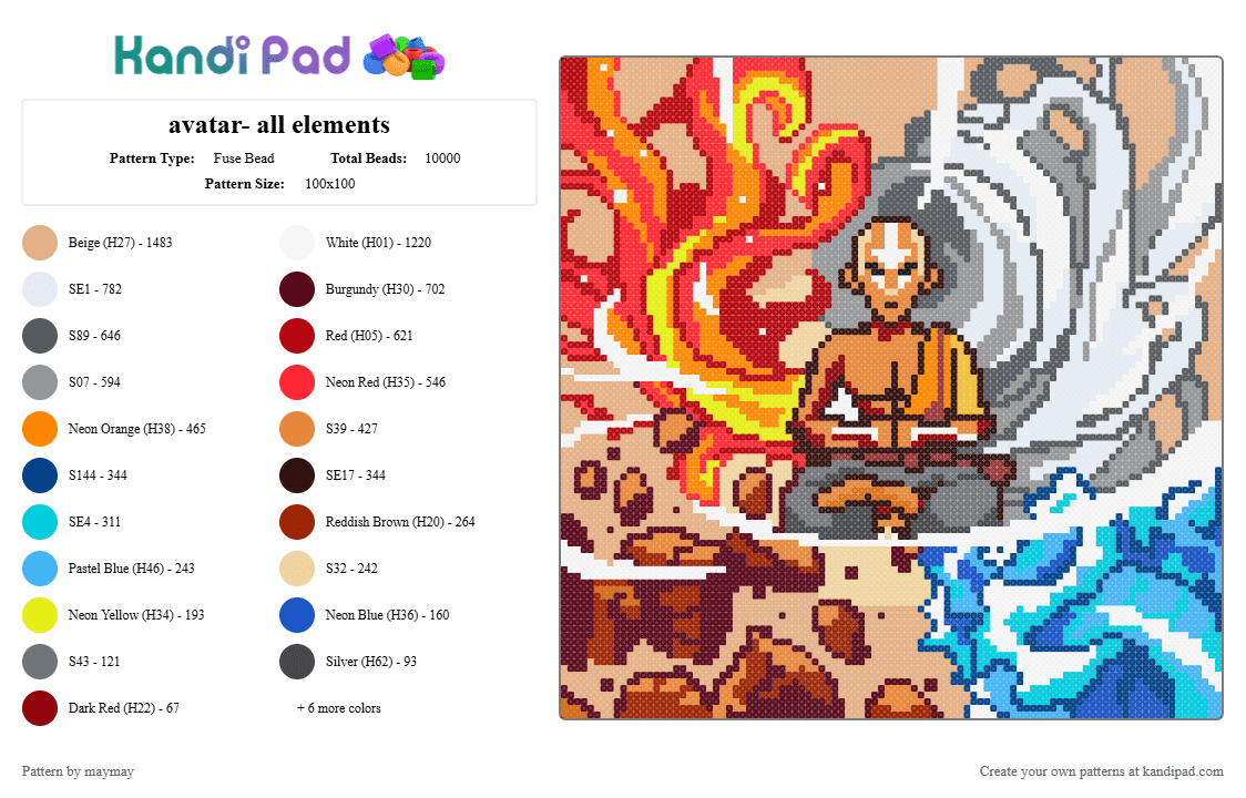 avatar- all elements - Fuse Bead Pattern by maymay on Kandi Pad - airbender, atla, avatar, beige, colorful, earthbender, elements, firebender, gray, red, waterbender