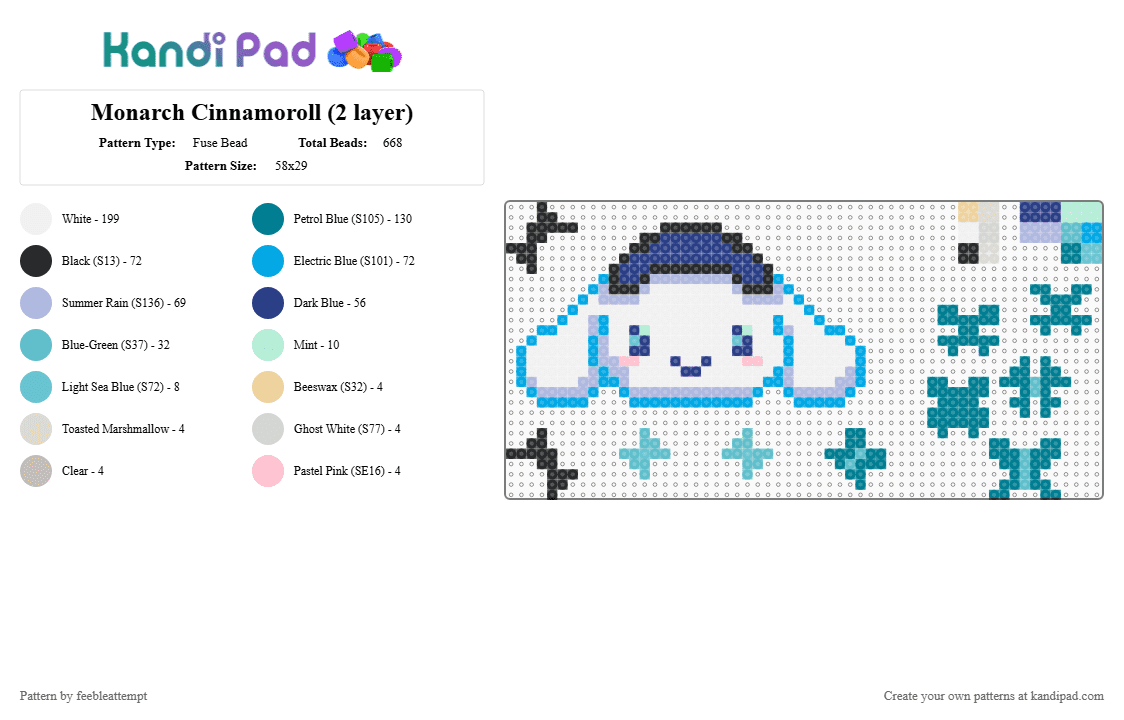 Monarch Cinnamoroll (2 layer) - Fuse Bead Pattern by feebleattempt on Kandi Pad - light blue,pink,teal,sanrio,cinnamoroll,butterfly,fairy,lolita,monarch