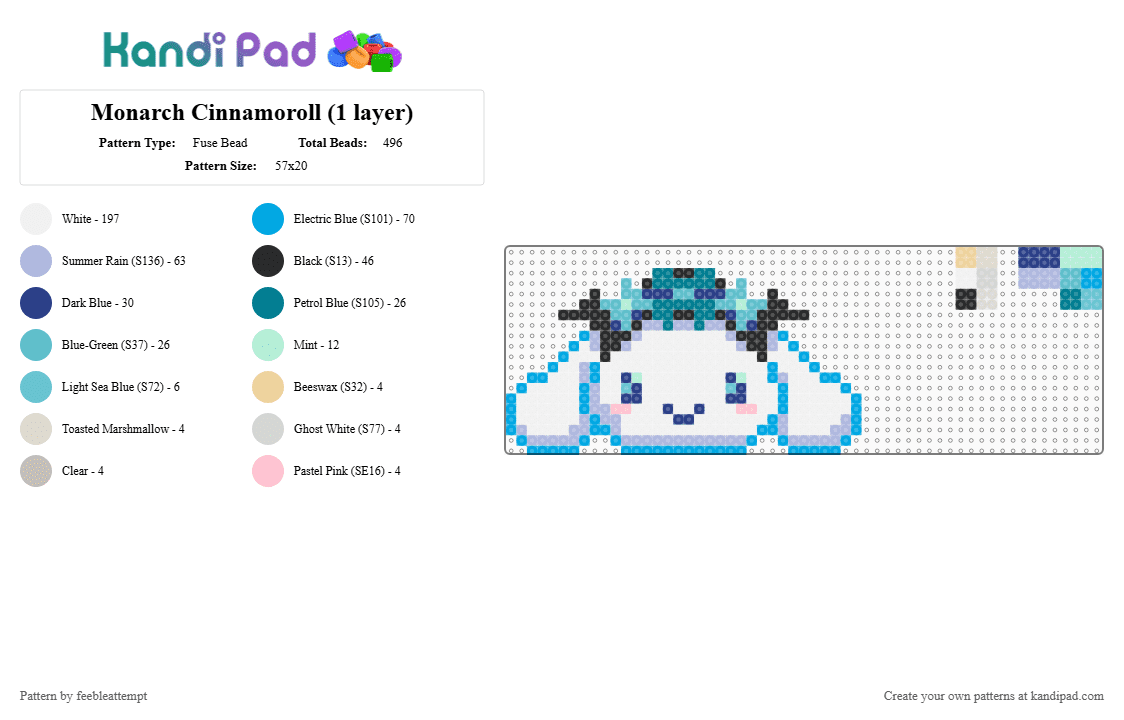 Monarch Cinnamoroll (1 layer) - Fuse Bead Pattern by feebleattempt on Kandi Pad - white,light blue,teal,pink