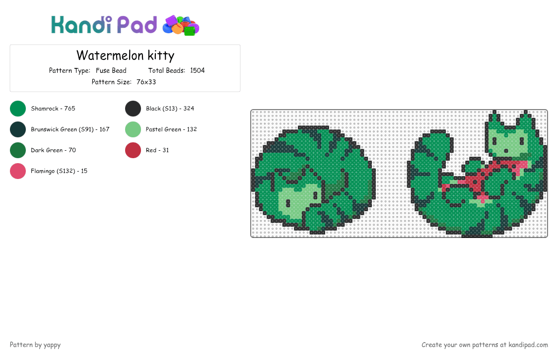 Watermelon kitty - Fuse Bead Pattern by yappy on Kandi Pad - green,cat,berry,food,watermelon,summer,fruit