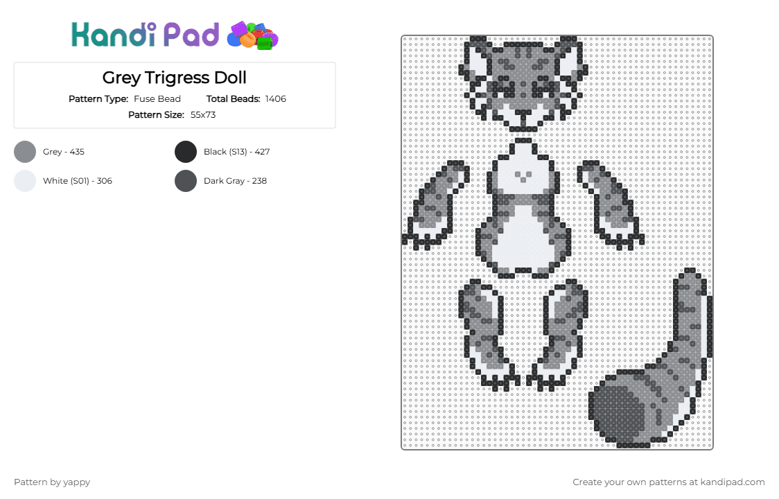 Grey Trigress Doll - Fuse Bead Pattern by yappy on Kandi Pad - white,gray,doll,tiger,greyscale
