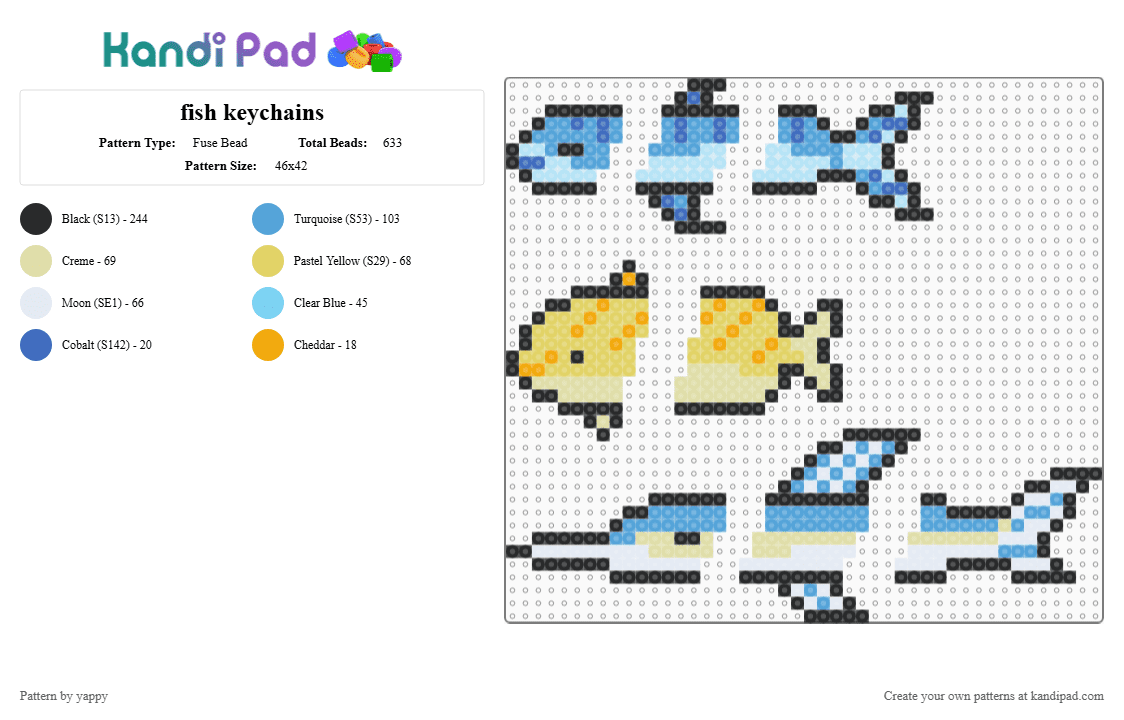 fish keychains - Fuse Bead Pattern by yappy on Kandi Pad - articulated, doll, fish, keychain, light blue, marine, segmented, yellow
