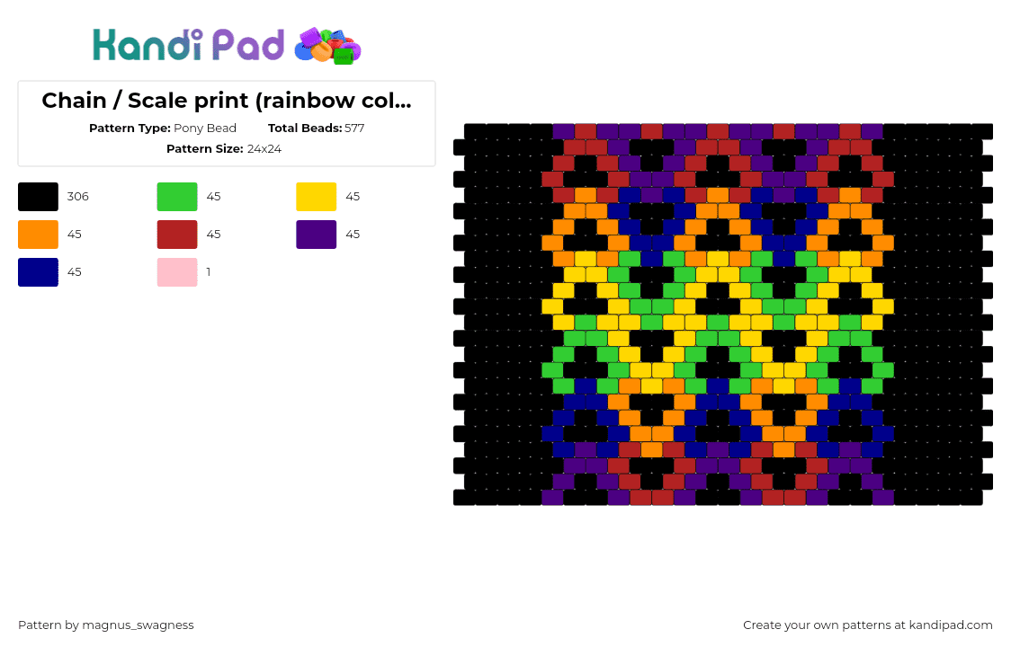 Chain / Scale print (rainbow colours + black background) - Pony Bead Pattern by magnus_swagness on Kandi Pad - chain,scales,panel,colorful,dark,rainbow,black,yellow,green