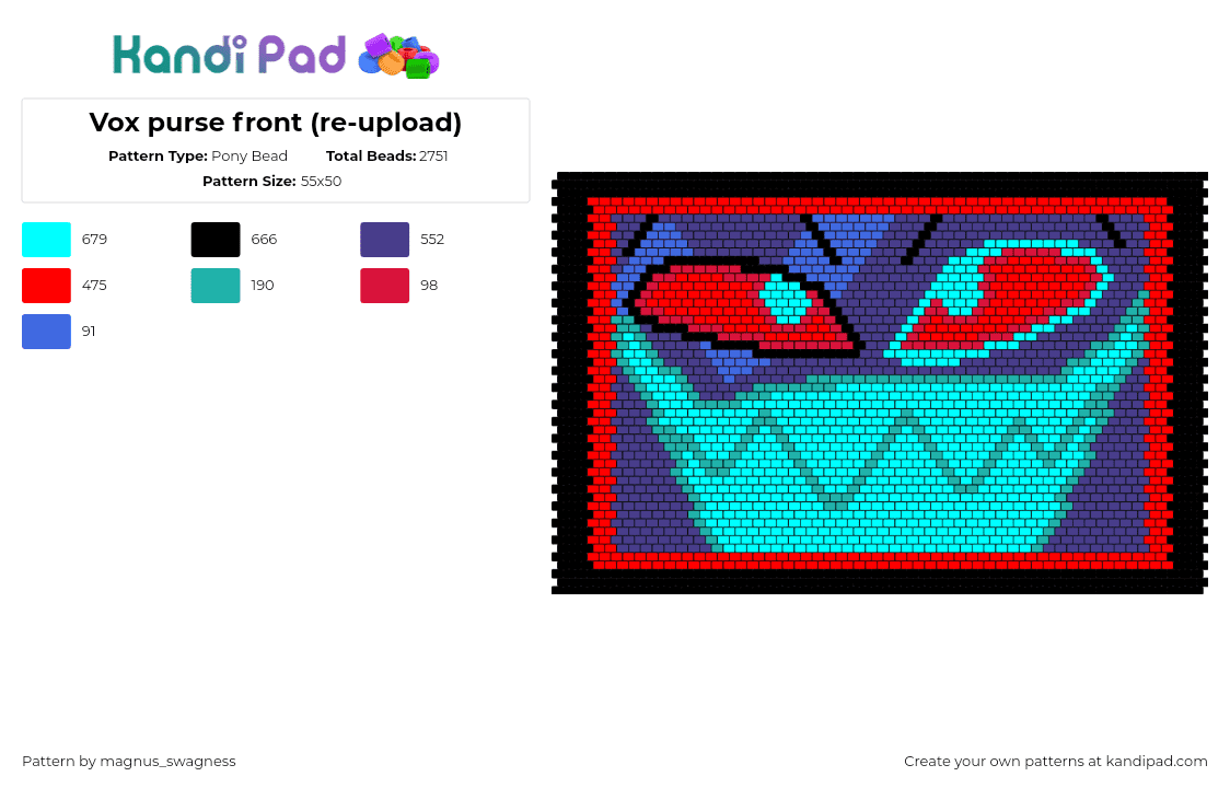 Vox purse front (re-upload) - Pony Bead Pattern by magnus_swagness on Kandi Pad - vox,hazbin hotel,helluva boss,bag,panel,character,head,demon,cartoon,tv show,animation,red,black,teal,blue,teeth,purple