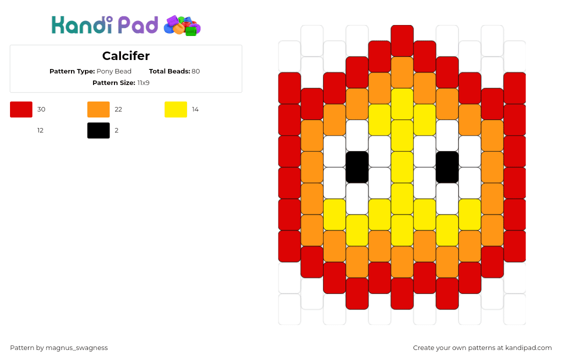 Calcifer - Pony Bead Pattern by magnus_swagness on Kandi Pad - calcifer,howls moving castle,ghibli,anime,movie,character,fire,flame,eyes,red,orange,yellow