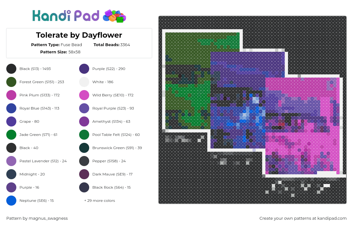 Tolerate by Dayflower cover art - Fuse Bead Pattern by magnus_swagness on Kandi Pad - tolerate,dayflower,album,music,black,green,pink,purple
