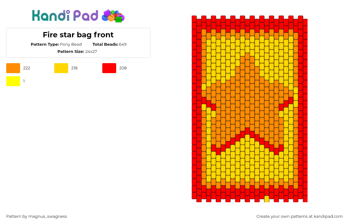 Fire star bag front - Pony Bead Pattern by magnus_swagness on Kandi Pad - star,fiery,bag,panel,orange,yellow,red