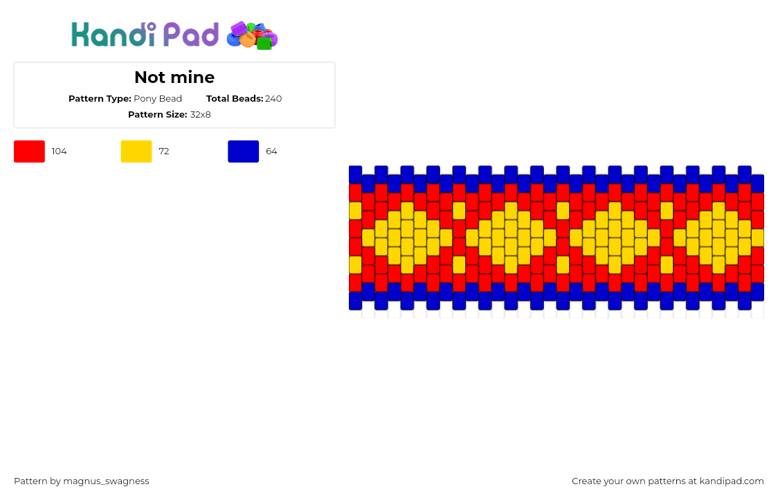 Not mine - Pony Bead Pattern by magnus_swagness on Kandi Pad - diamonds,geometric,repeating,cuff,yellow,red,blue