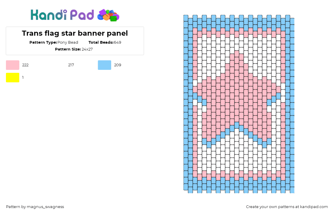 Trans flag star banner panel - Pony Bead Pattern by magnus_swagness on Kandi Pad - transgender,star,pride,panel,bag,pastel,light blue,pink,white