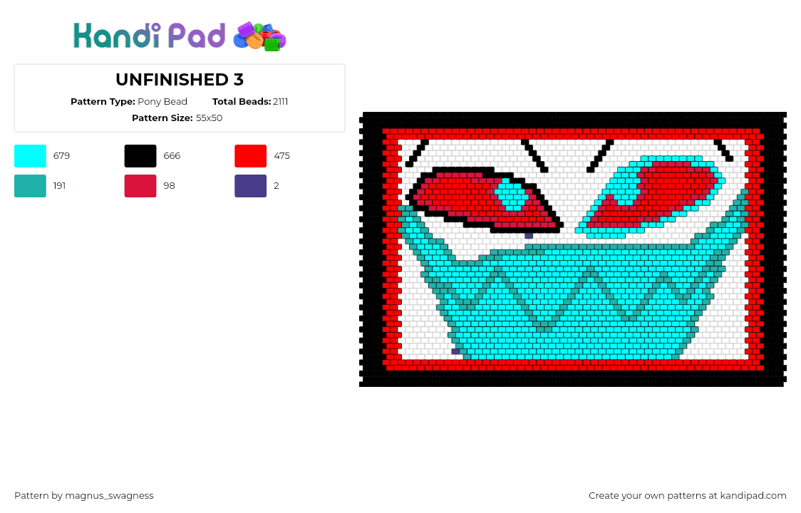 UNFINISHED 3 - Pony Bead Pattern by magnus_swagness on Kandi Pad - vox,hazbin hotel,helluva boss,character,head,demon,cartoon,tv show,animation,red,black,teal