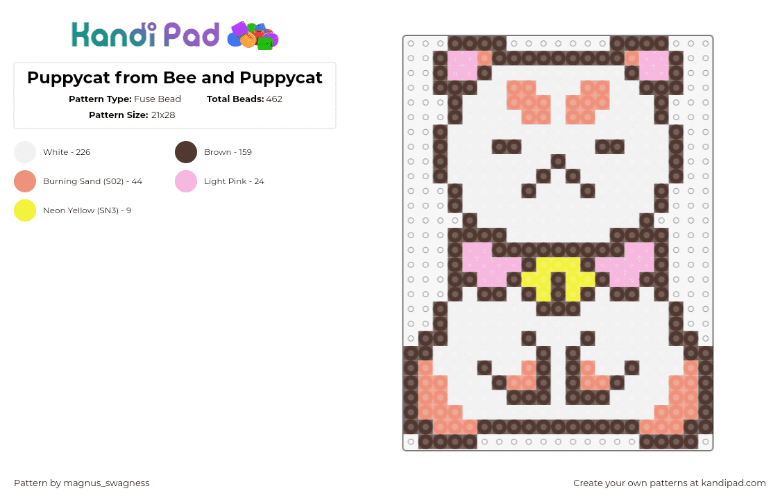 Puppycat from Bee and Puppycat - Fuse Bead Pattern by magnus_swagness on Kandi Pad - puppycat,bee and puppycat,character,tv show,cartoon,white,pink