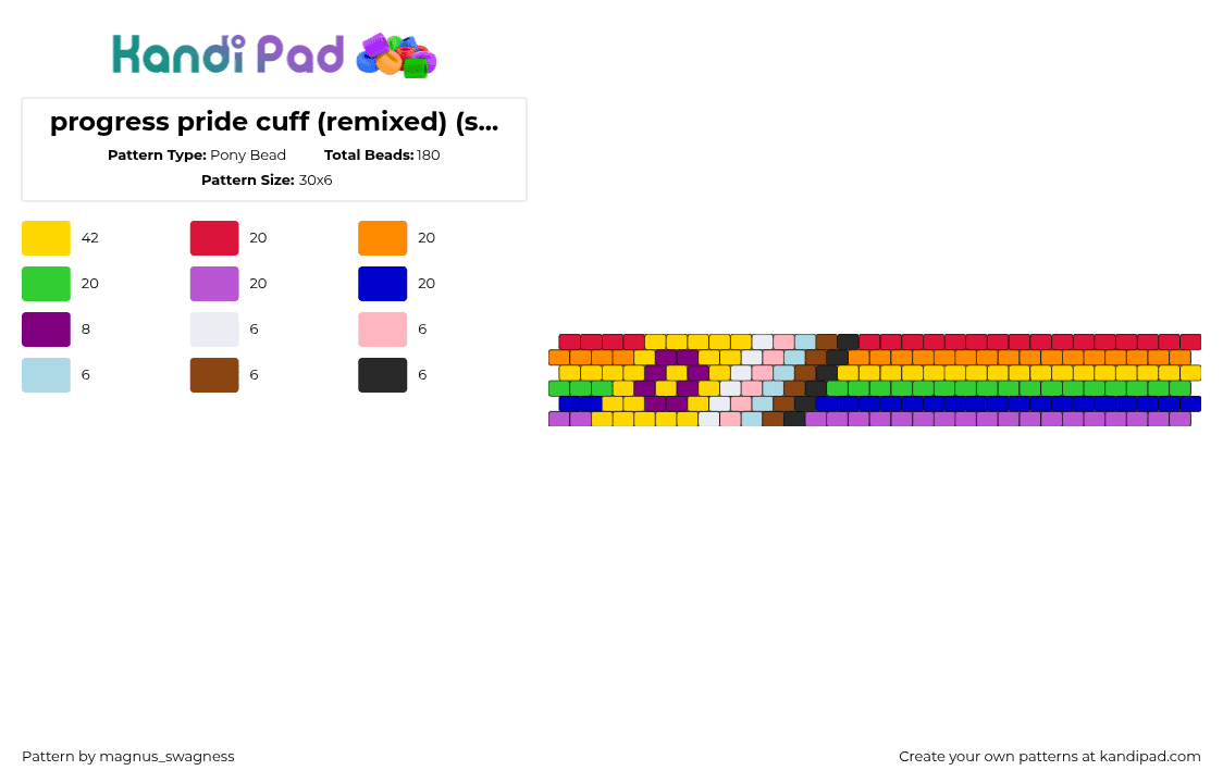 progress pride cuff (remixed from @blu3jay) (shortened to 30x6 bc I\'m too lazy for x12) - Pony Bead Pattern by magnus_swagness on Kandi Pad - progress,pride,colorful,bracelet,cuff,yellow