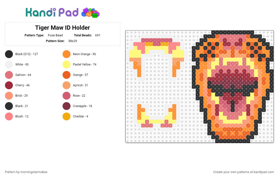 Tiger Maw ID Holder - Fuse Bead Pattern by morningstarmakes on Kandi Pad - orange, red