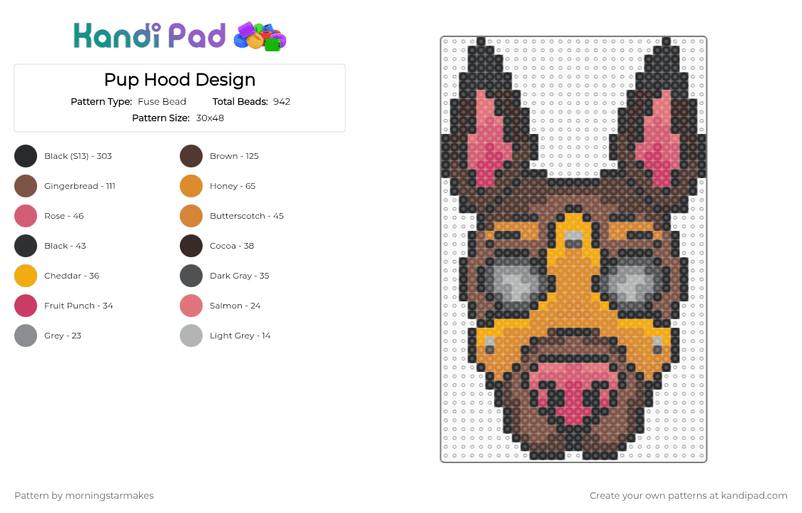 Pup Hood Design - Fuse Bead Pattern by morningstarmakes on Kandi Pad - brown, orange, tan