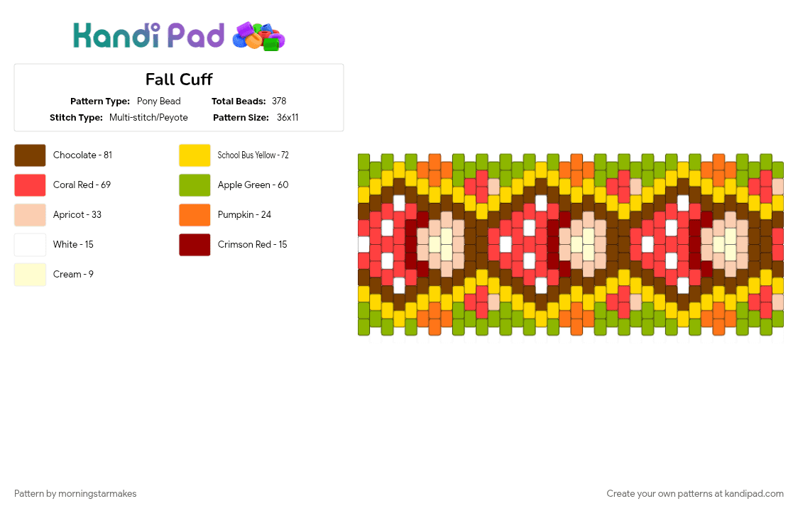 Fall Cuff - Pony Bead Pattern by morningstarmakes on Kandi Pad - brown, green, red, yellow