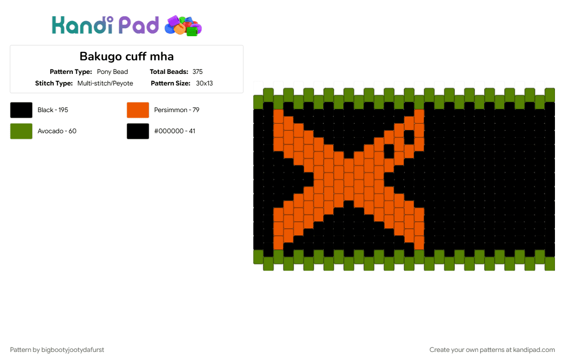 Bakugo cuff mha - Pony Bead Pattern by bigbootyjootydafurst on Kandi Pad - anime, bakugo katsuki, bakugo mha, bkdk, black, character, green, hero, mha, my hero academia, orange