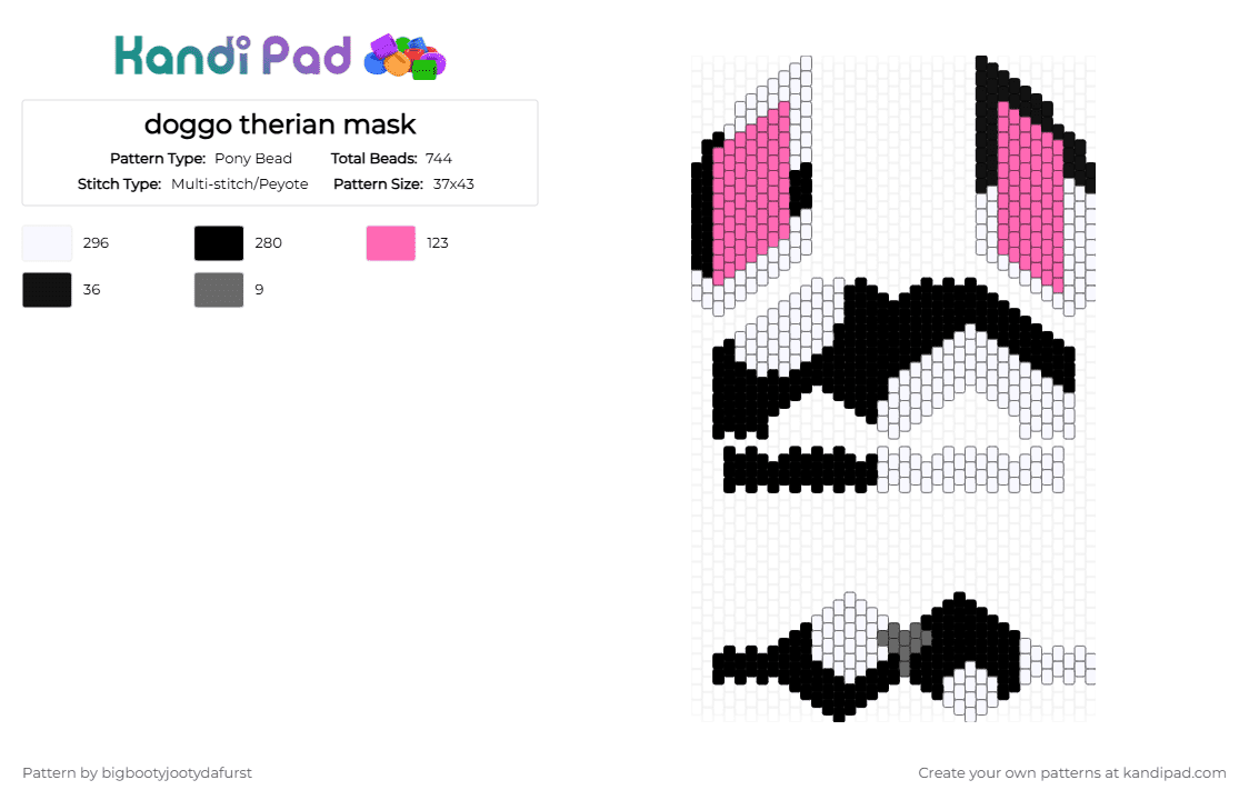doggo therian mask - Pony Bead Pattern by bigbootyjootydafurst on Kandi Pad - pink, white