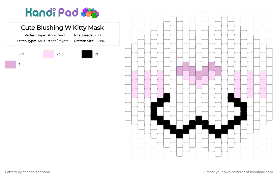 Cute Blushing W Kitty Mask - Pony Bead Pattern by chanda_thenoob on Kandi Pad - white,kitty,w mouth mask