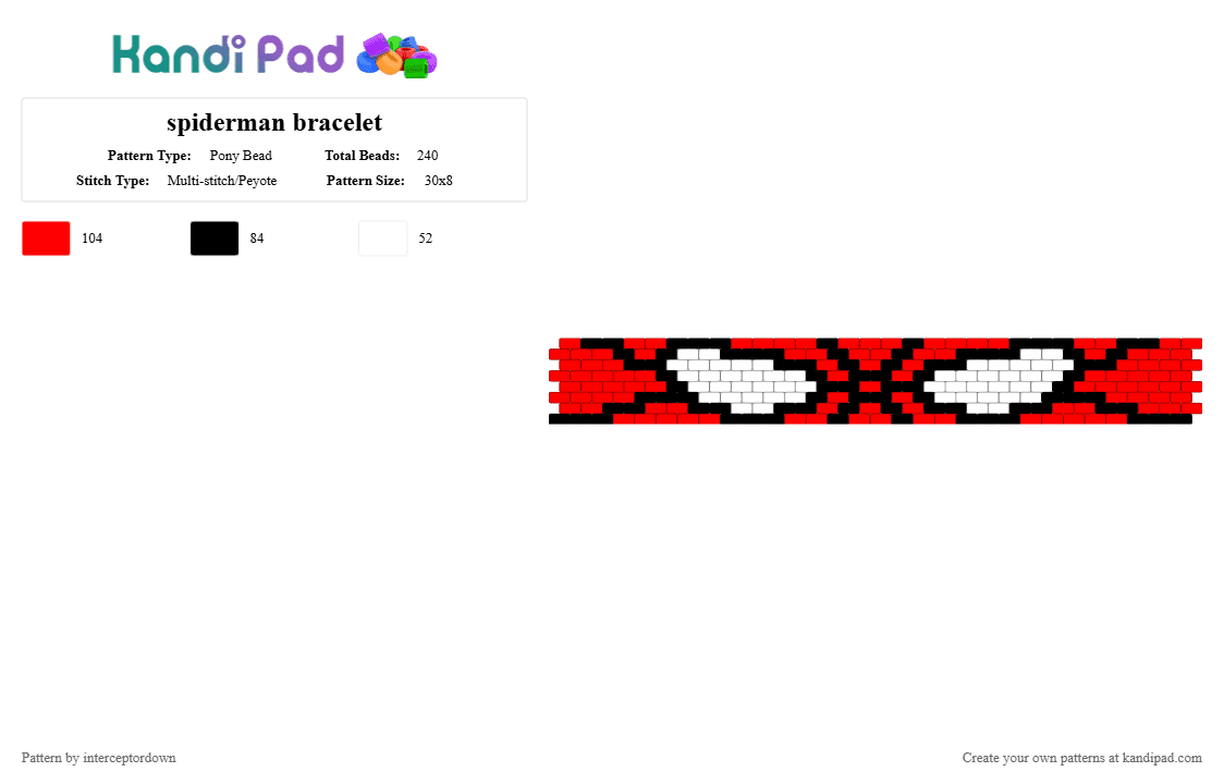 spiderman bracelet - Pony Bead Pattern by interceptordown on Kandi Pad - white,red,spiderman