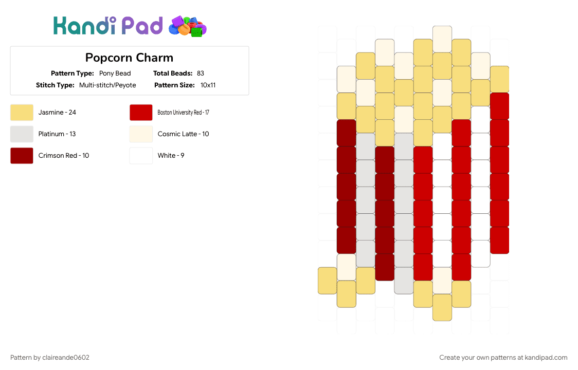 Popcorn Charm - Pony Bead Pattern by claireande0602 on Kandi Pad - carnival, food, red, yellow