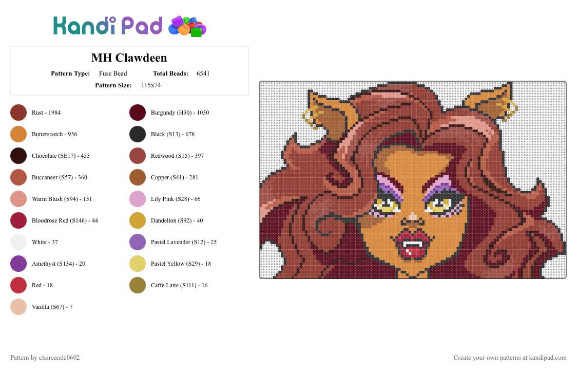 MH Clawdeen - Fuse Bead Pattern by claireande0602 on Kandi Pad - brown, orange, red