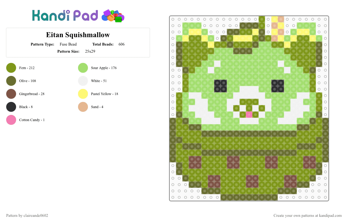 Eitan Squishmallow - Fuse Bead Pattern by claireande0602 on Kandi Pad - gold,green