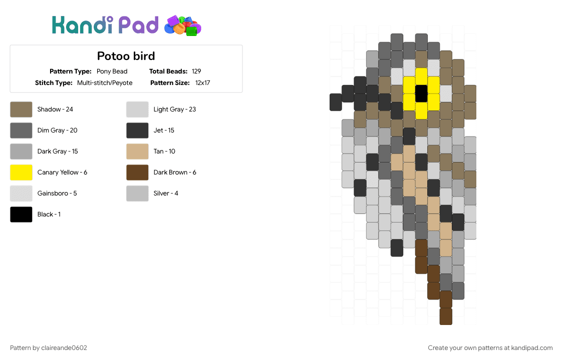Potoo bird - Pony Bead Pattern by claireande0602 on Kandi Pad - beige, cotdbirds, gray, tan