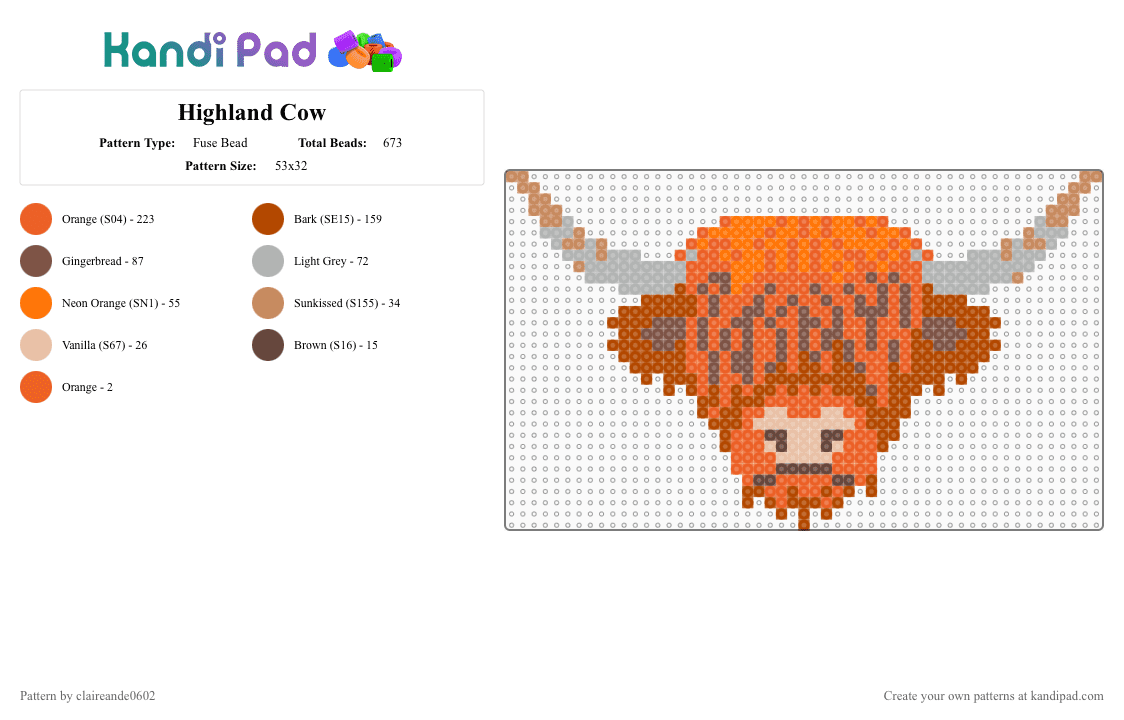 Highland Cow - Fuse Bead Pattern by claireande0602 on Kandi Pad - red,orange