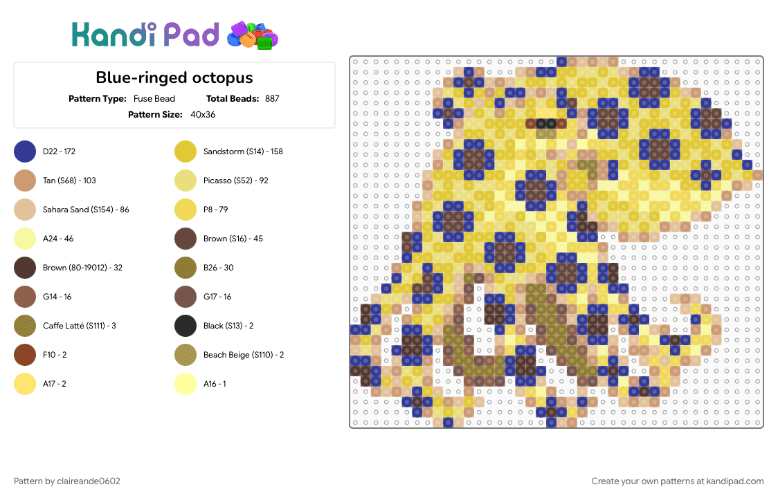 Blue-ringed octopus - Fuse Bead Pattern by claireande0602 on Kandi Pad - beige, cotdseacreatures, octopus, purple, yellow