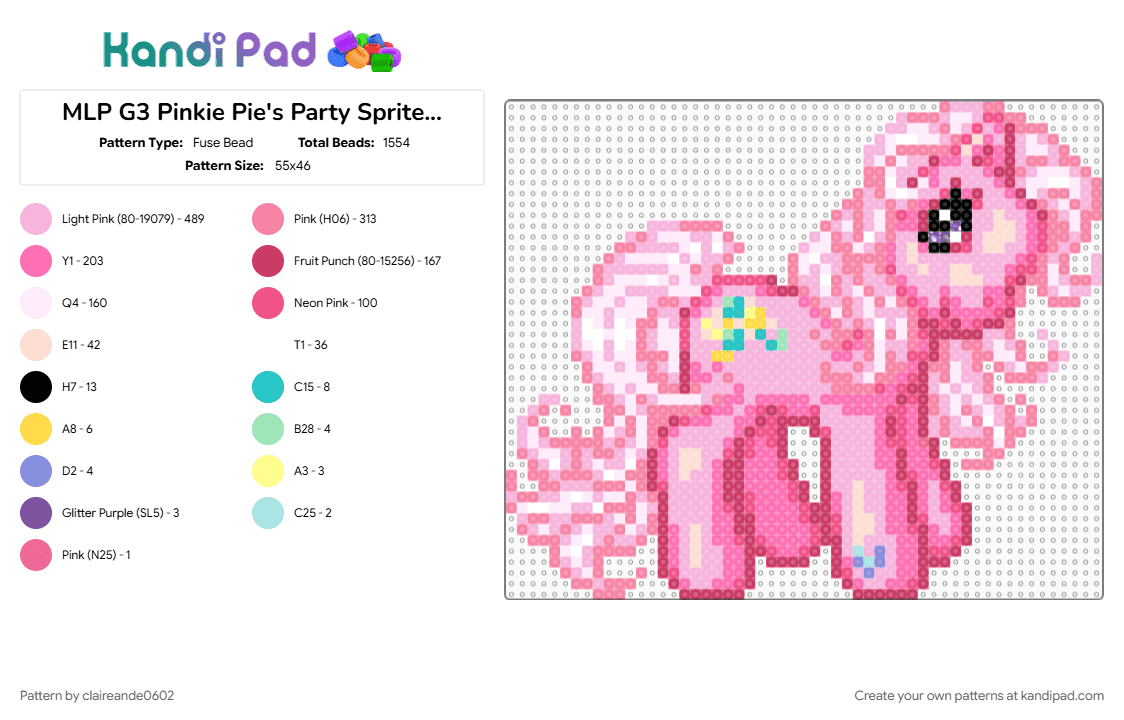 MLP G3 Pinkie Pie\'s Party Sprite (NDS) - Fuse Bead Pattern by claireande0602 on Kandi Pad - cotdvintagetoys, pink
