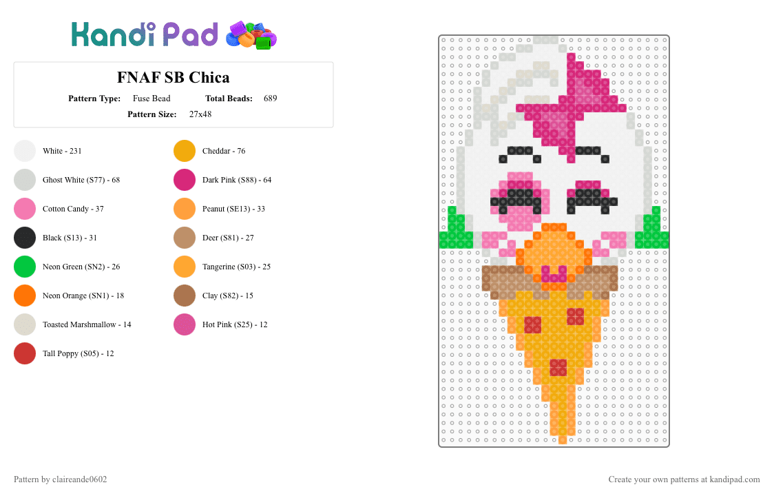 FNAF SB Chica - Fuse Bead Pattern by claireande0602 on Kandi Pad - orange, pink, white