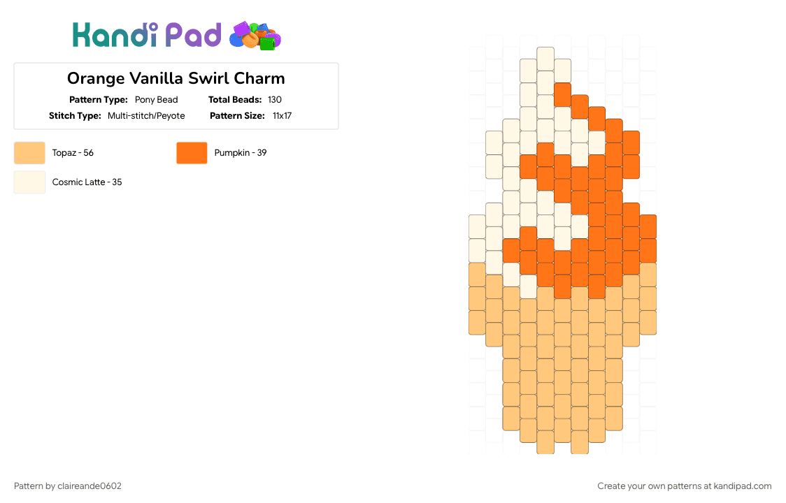 Orange Vanilla Swirl Charm - Pony Bead Pattern by claireande0602 on Kandi Pad - ice cream, orange, white