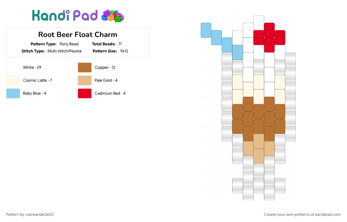 Root Beer Float Charm - Pony Bead Pattern by claireande0602 on Kandi Pad - food, tan, white