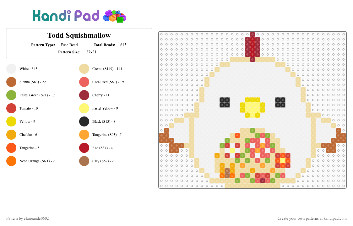 Todd Squishmallow - Fuse Bead Pattern by claireande0602 on Kandi Pad - beige, red, white