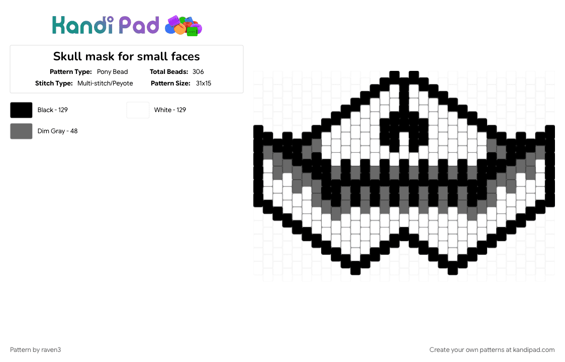 Skull mask for small faces - Pony Bead Pattern by raven3 on Kandi Pad - black, gray, skull, white