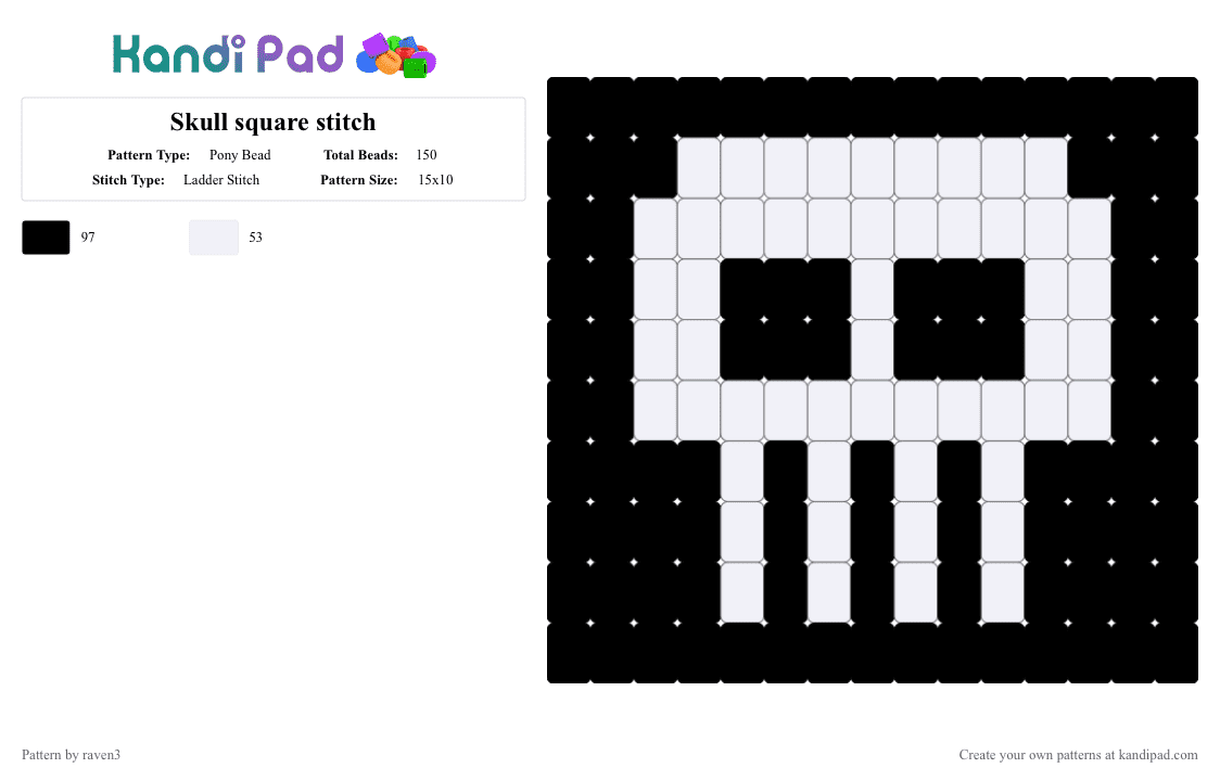 Skull square stitch - Pony Bead Pattern by raven3 on Kandi Pad - black, white