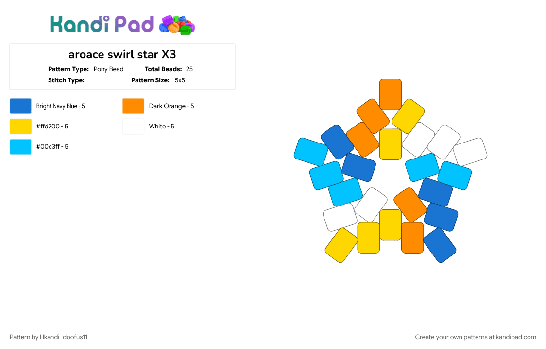 aroace swirl star X3 - Pony Bead Pattern by lilkandi_doofus11 on Kandi Pad - ace, aroace, aromantic, blue, light blue, orange, pride, star, swirl star, yellow
