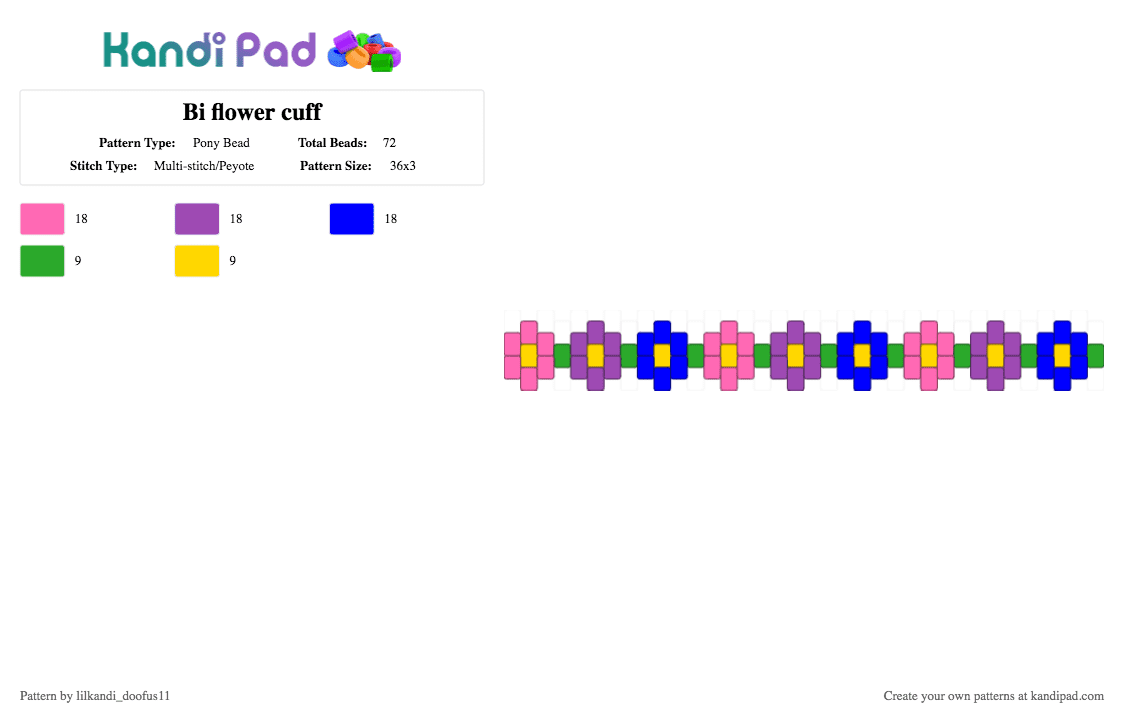 Bi flower cuff - Pony Bead Pattern by lilkandi_doofus11 on Kandi Pad - pink,purple