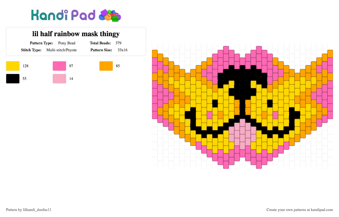 lil half rainbow mask thingy - Pony Bead Pattern by lilkandi_doofus11 on Kandi Pad - furry, pink, pride, rainbow, subzeromask, yellow