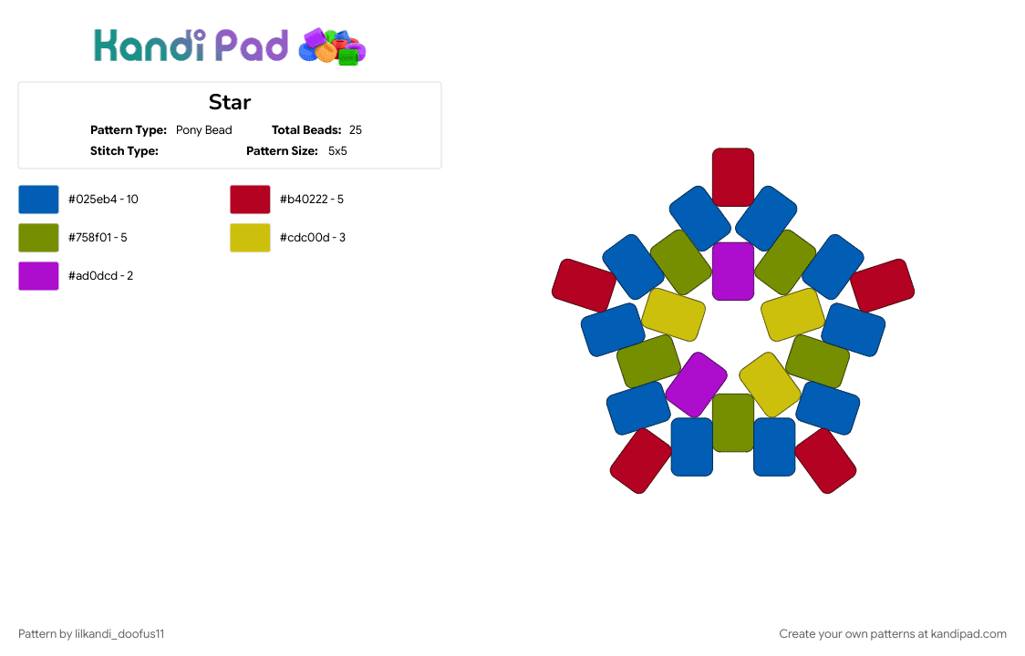 Star - Pony Bead Pattern by lilkandi_doofus11 on Kandi Pad - band, blue, gold, gorillaz, k4nd1br4t, red, star