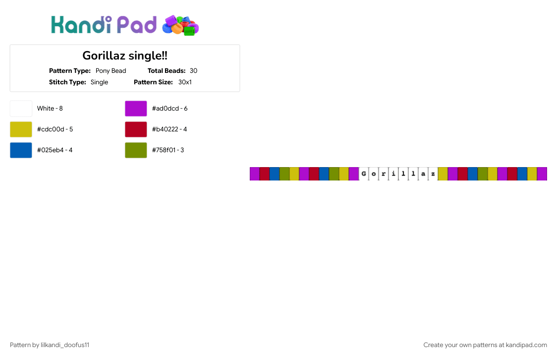 Gorillaz single!! - Pony Bead Pattern by lilkandi_doofus11 on Kandi Pad - band, custom, gorillaz, music, pink, single, yellow